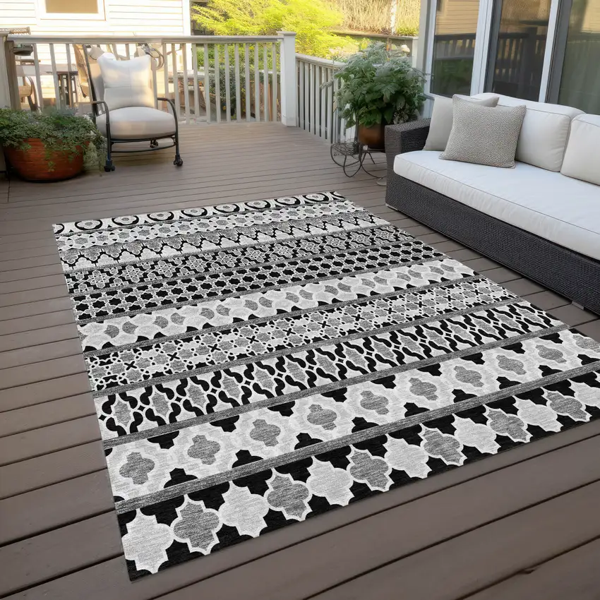 Black Gray And Ivory Quatrefoil Washable Indoor Outdoor Area Rug Photo 9
