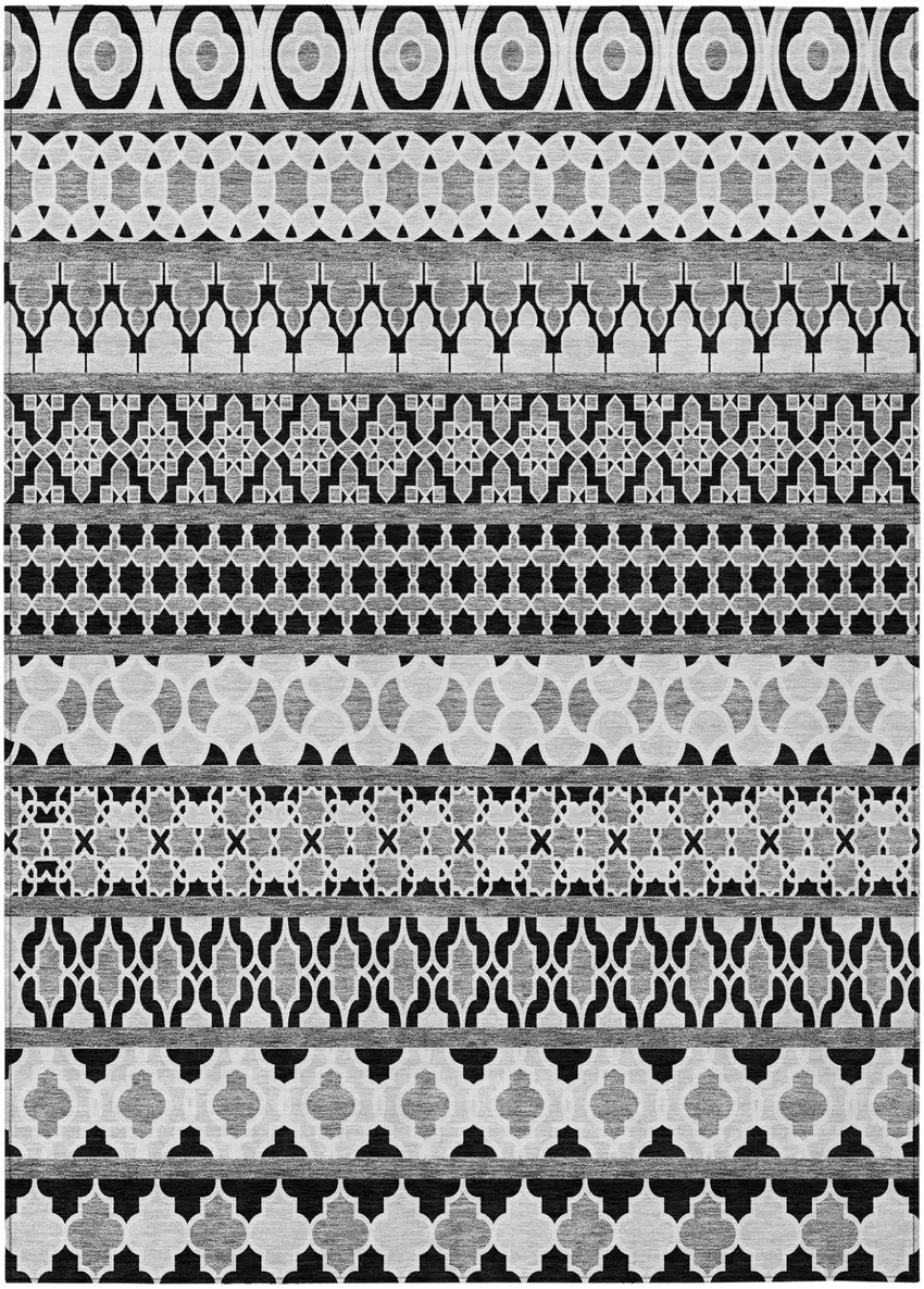 Black Gray And Ivory Quatrefoil Washable Indoor Outdoor Area Rug Photo 1