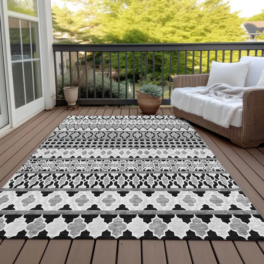Black Gray And Ivory Quatrefoil Washable Indoor Outdoor Area Rug Photo 6