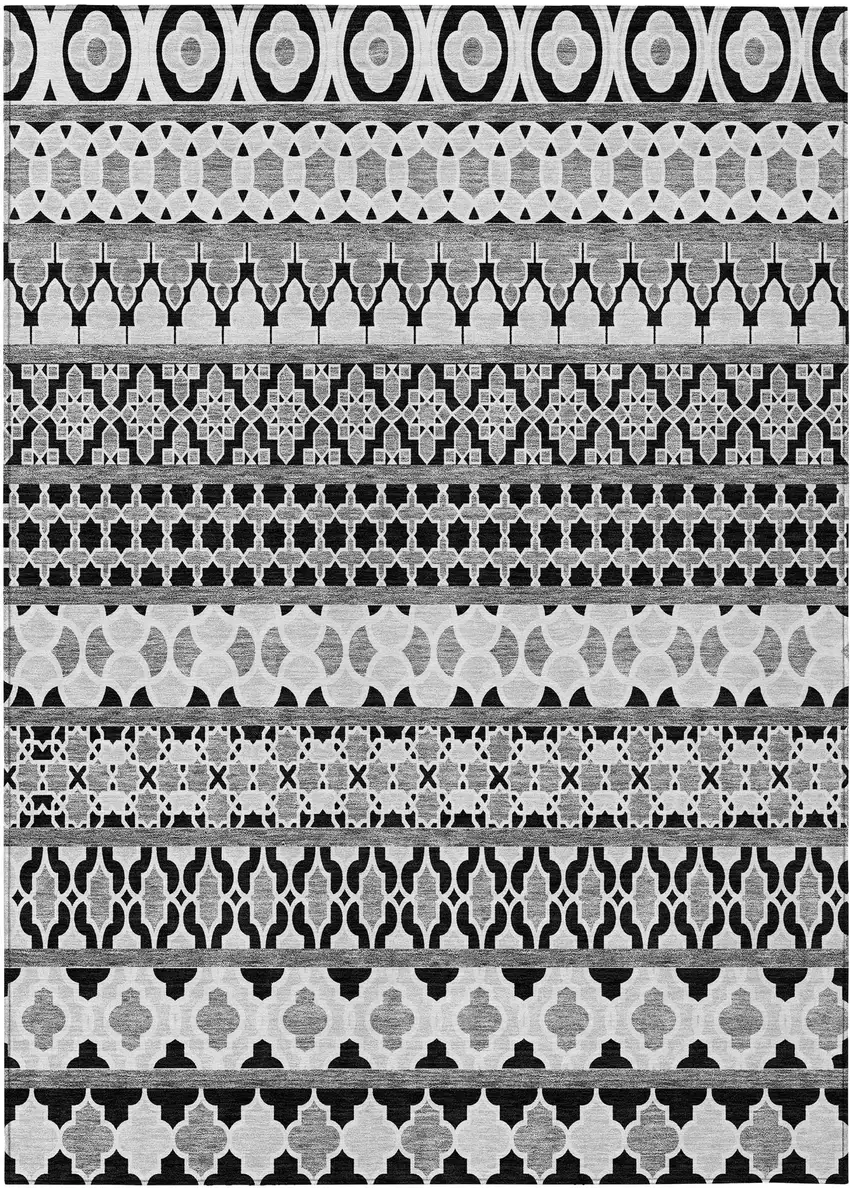 Black Gray And Ivory Quatrefoil Washable Indoor Outdoor Area Rug Photo 1