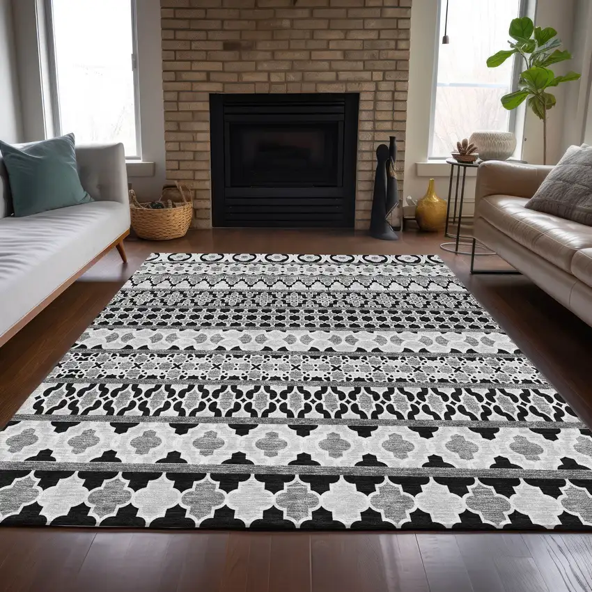 Black Gray And Ivory Quatrefoil Washable Indoor Outdoor Area Rug Photo 7