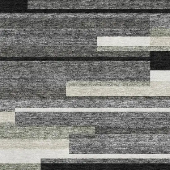 Black Gray And Ivory Striped Washable Area Rug With UV Protection Photo 3