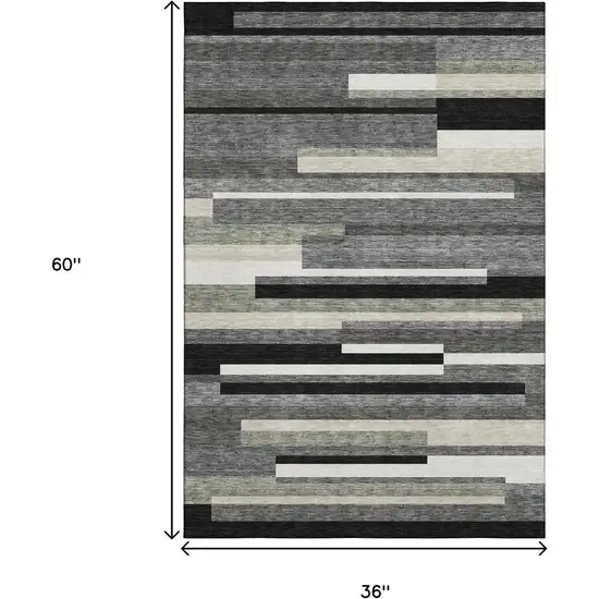 Black Gray And Ivory Striped Washable Area Rug With UV Protection Photo 3