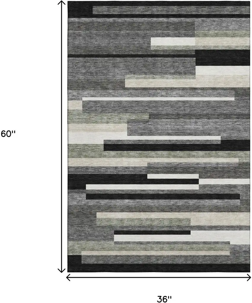 Black Gray And Ivory Striped Washable Area Rug With UV Protection Photo 3