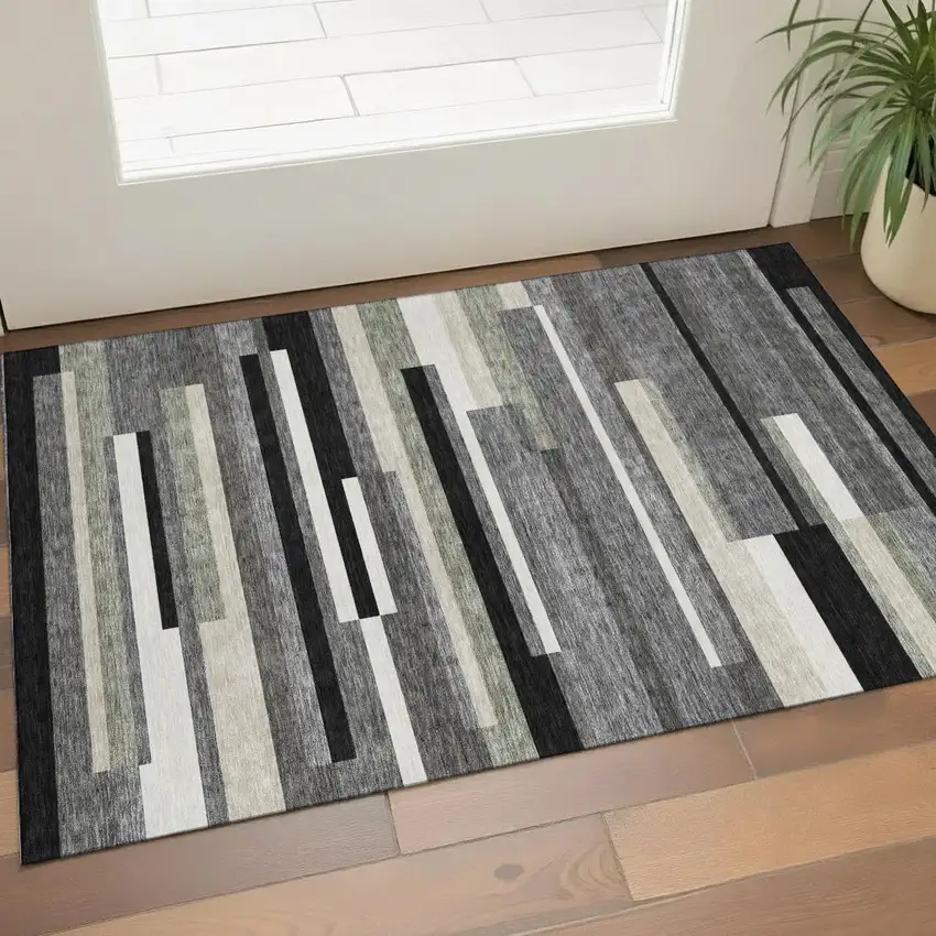 Black Gray And Ivory Striped Washable Area Rug With UV Protection Photo 1