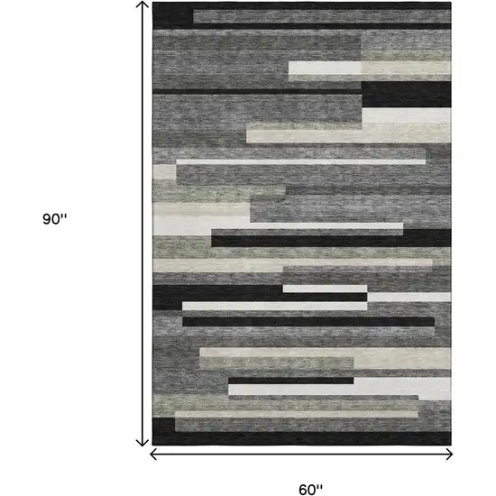 Black Gray And Ivory Striped Washable Area Rug With UV Protection Photo 3
