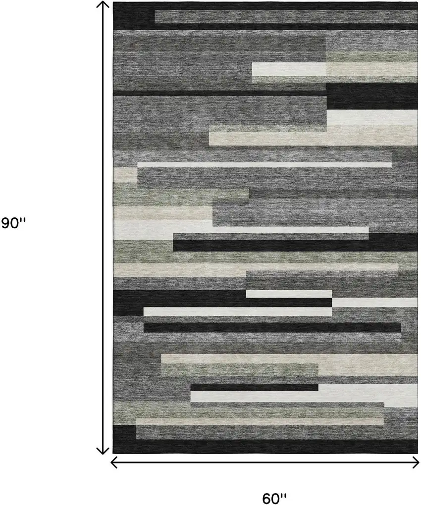 Black Gray And Ivory Striped Washable Area Rug With UV Protection Photo 3