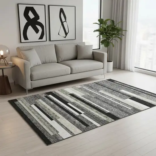 Black Gray And Ivory Striped Washable Area Rug With UV Protection Photo 2