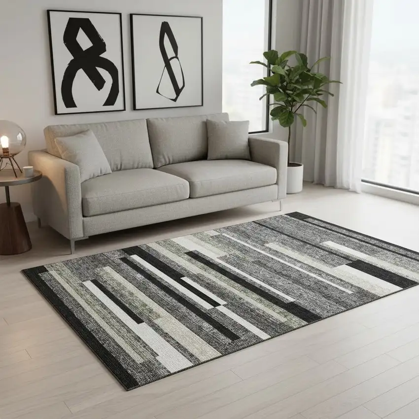Black Gray And Ivory Striped Washable Area Rug With UV Protection Photo 2