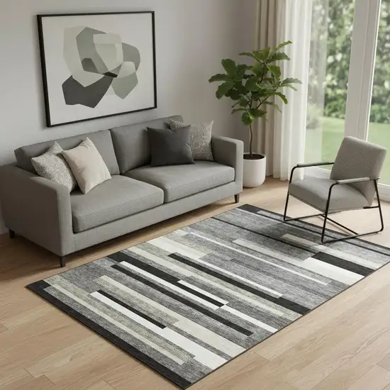 Black Gray And Ivory Striped Washable Area Rug With UV Protection Photo 1