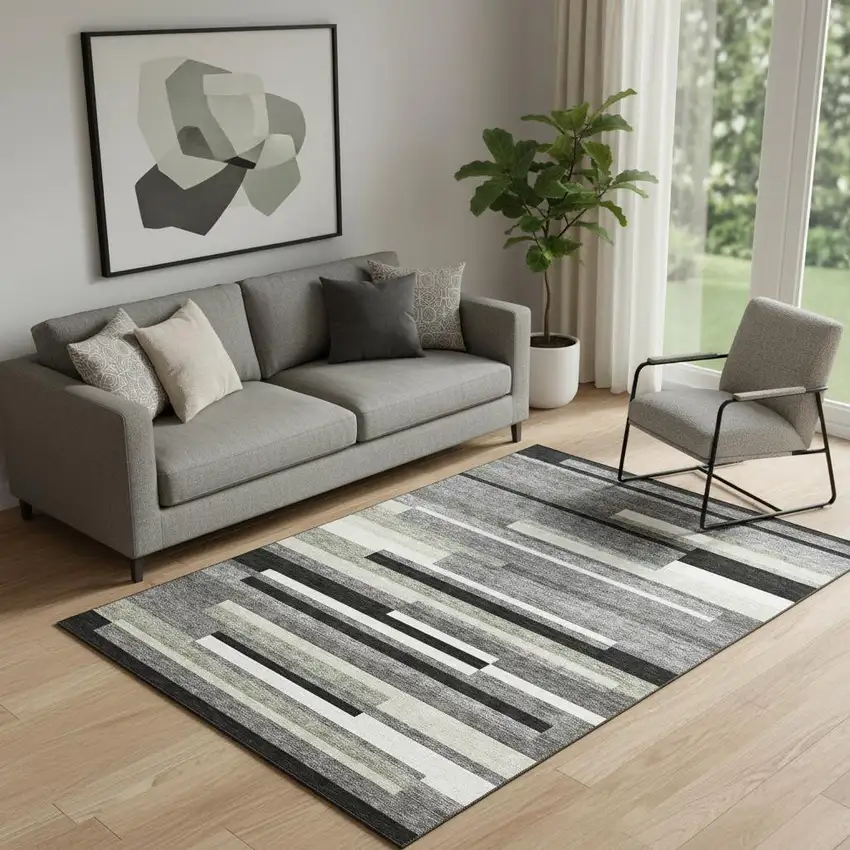 Black Gray And Ivory Striped Washable Area Rug With UV Protection Photo 1