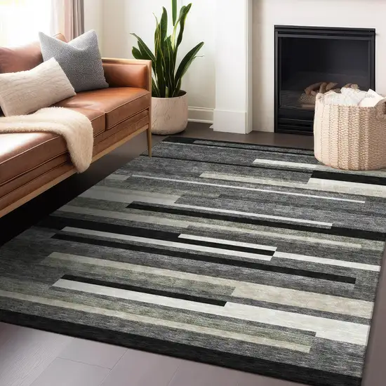 Black Gray And Ivory Striped Washable Area Rug With UV Protection Photo 6