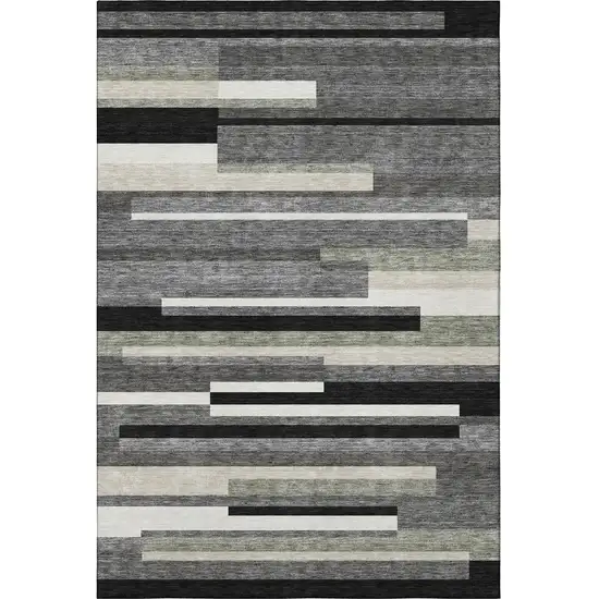 Black Gray And Ivory Striped Washable Area Rug With UV Protection Photo 4