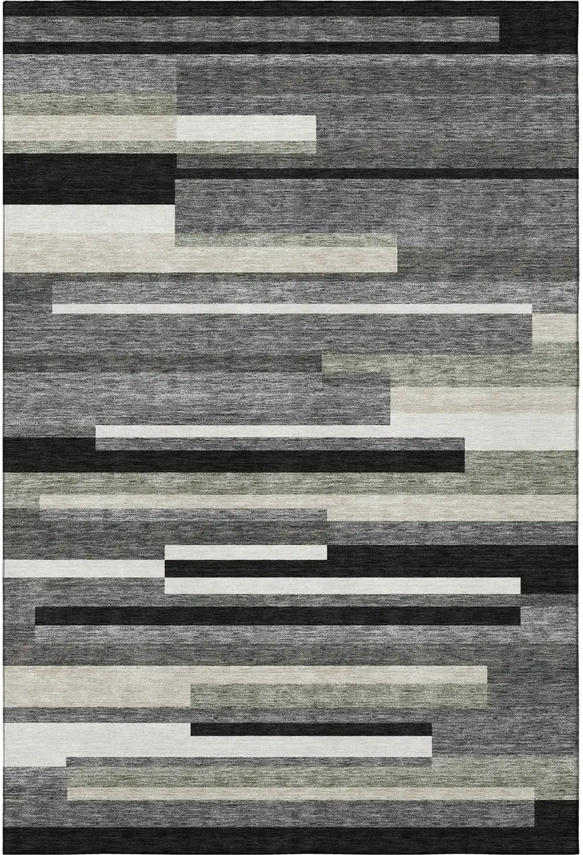 Black Gray And Ivory Striped Washable Area Rug With UV Protection Photo 4