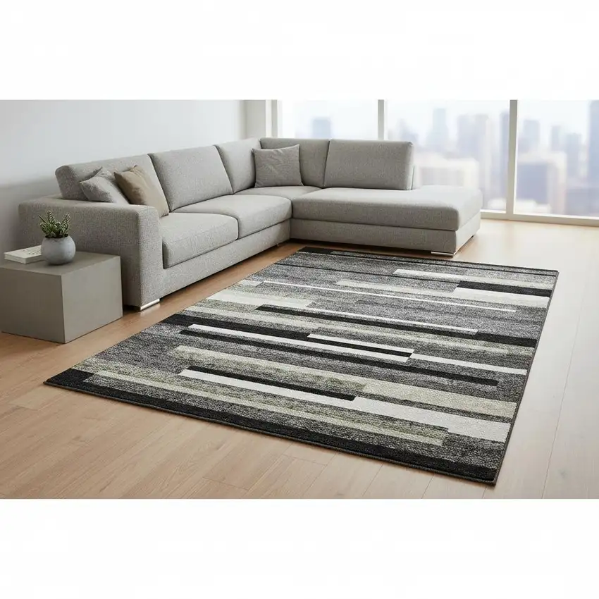 Black Gray And Ivory Striped Washable Area Rug With UV Protection Photo 2