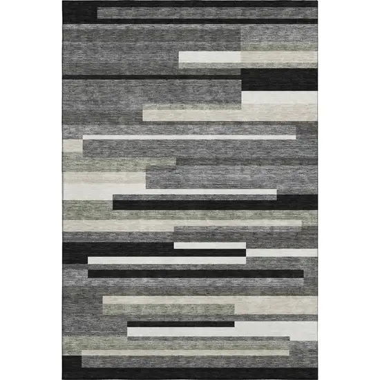 Black Gray And Ivory Striped Washable Area Rug With UV Protection Photo 1