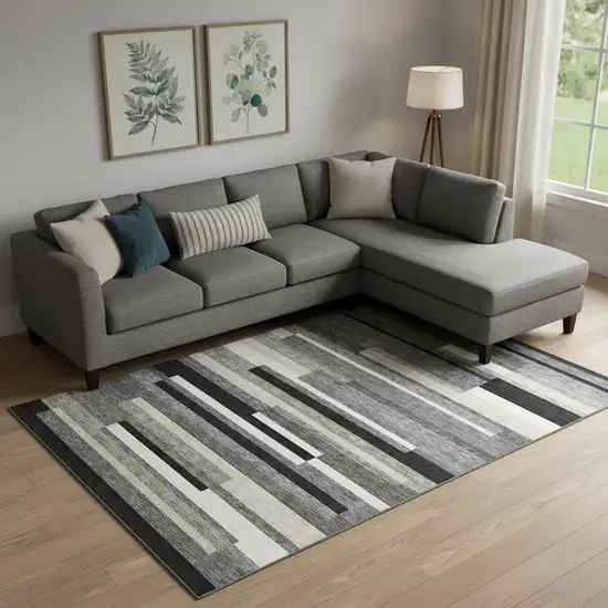 Black Gray And Ivory Striped Washable Area Rug With UV Protection Photo 1
