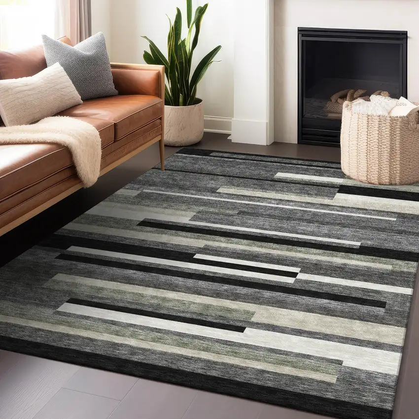 Black Gray And Ivory Striped Washable Area Rug With UV Protection Photo 6