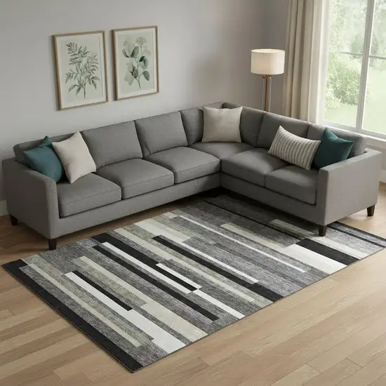 Black Gray And Ivory Striped Washable Area Rug With UV Protection Photo 1