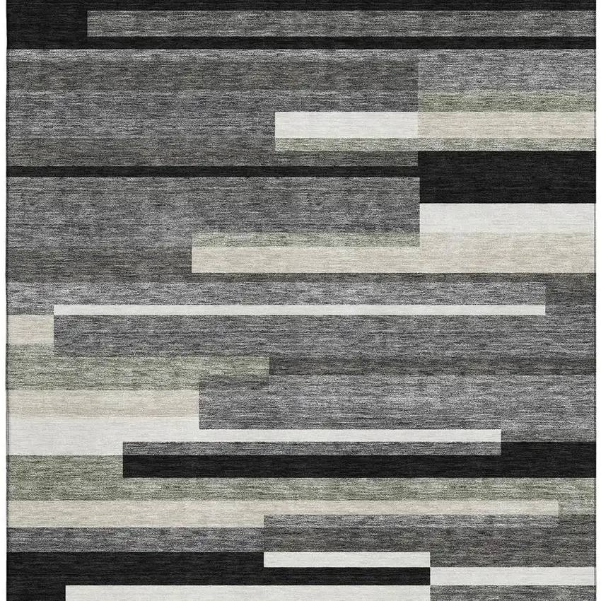 Black Gray And Ivory Striped Washable Area Rug With UV Protection Photo 3