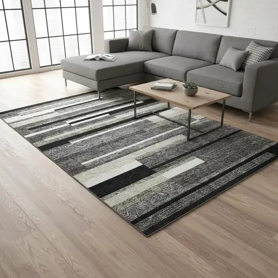 Black Gray And Ivory Striped Washable Area Rug With UV Protection Photo 2