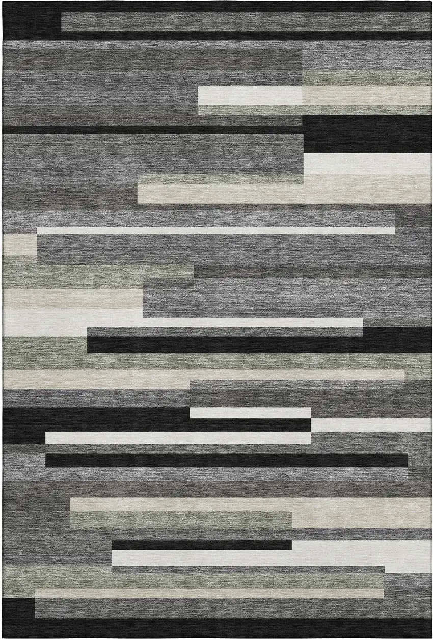 Black Gray And Ivory Striped Washable Area Rug With UV Protection Photo 1