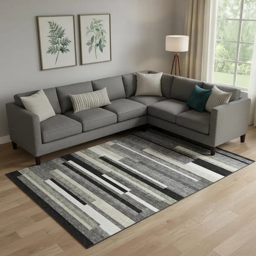 Black Gray And Ivory Striped Washable Area Rug With UV Protection Photo 1