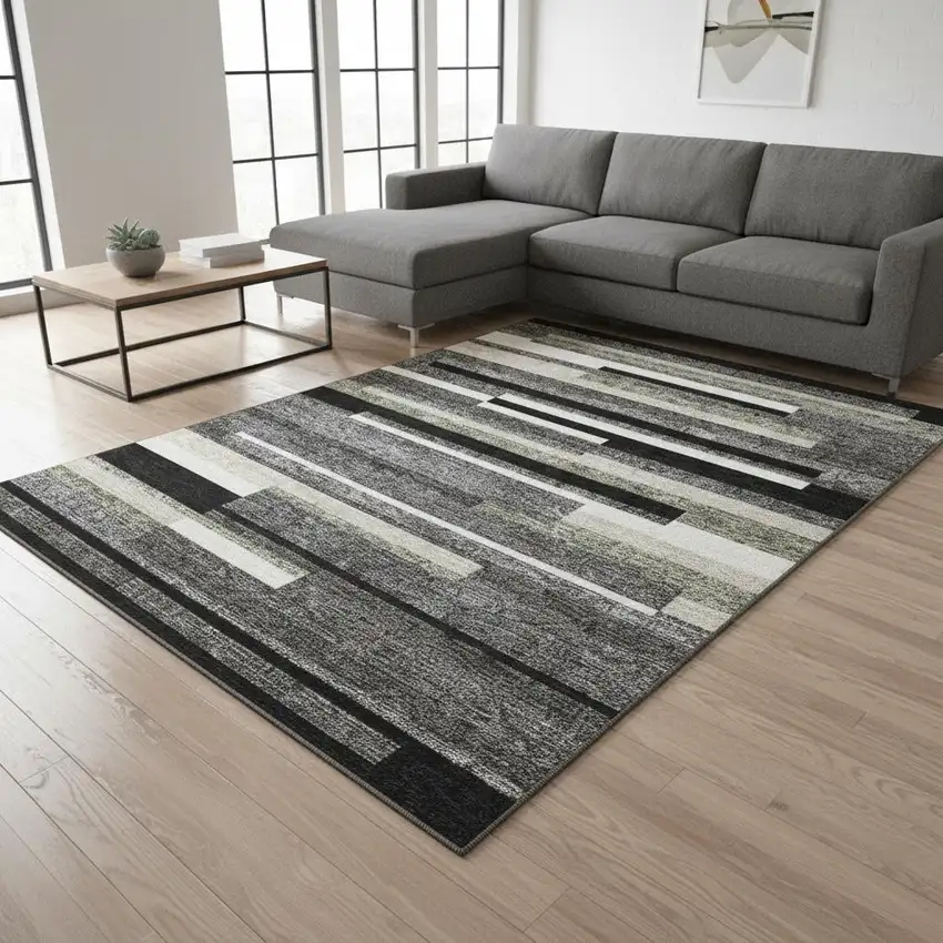 Black Gray And Ivory Striped Washable Area Rug With UV Protection Photo 2