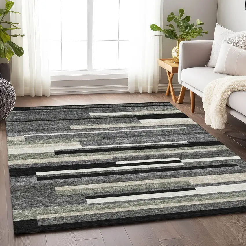 Black Gray And Ivory Striped Washable Area Rug With UV Protection Photo 5