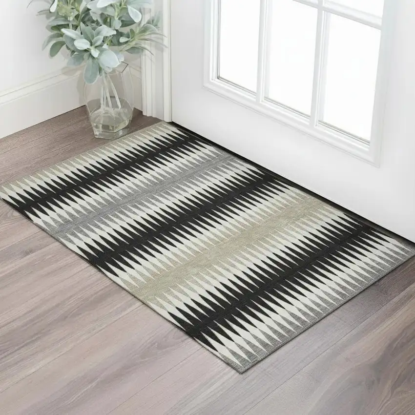 Black Gray And Ivory Striped Washable Area Rug With UV Protection Photo 1