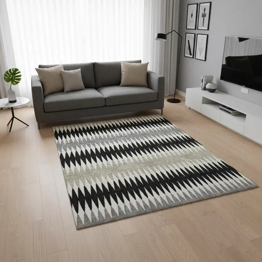 Black Gray And Ivory Striped Washable Area Rug With UV Protection Photo 2