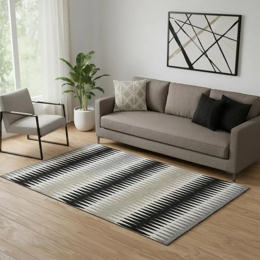 Black Gray And Ivory Striped Washable Area Rug With UV Protection Photo 1