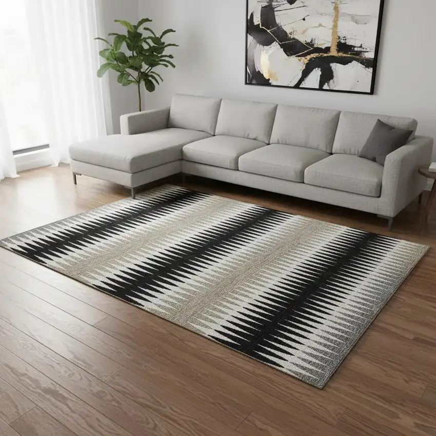 Black Gray And Ivory Striped Washable Area Rug With UV Protection Photo 2
