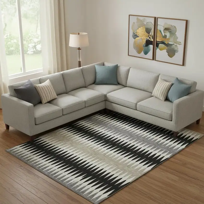 Black Gray And Ivory Striped Washable Area Rug With UV Protection Photo 1