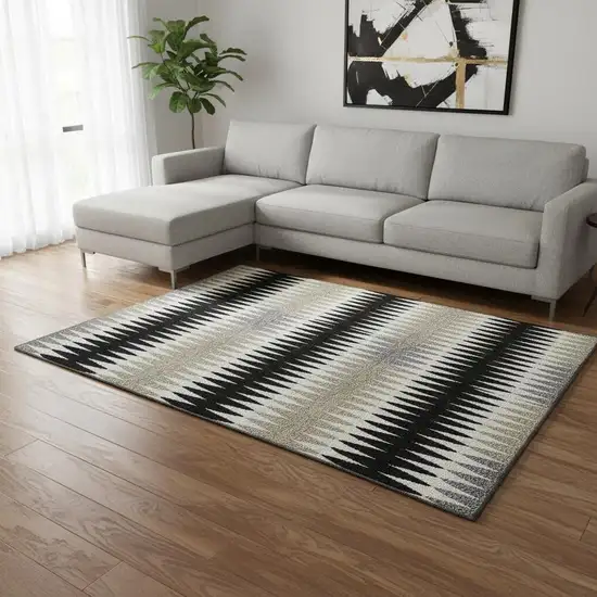 Black Gray And Ivory Striped Washable Area Rug With UV Protection Photo 2