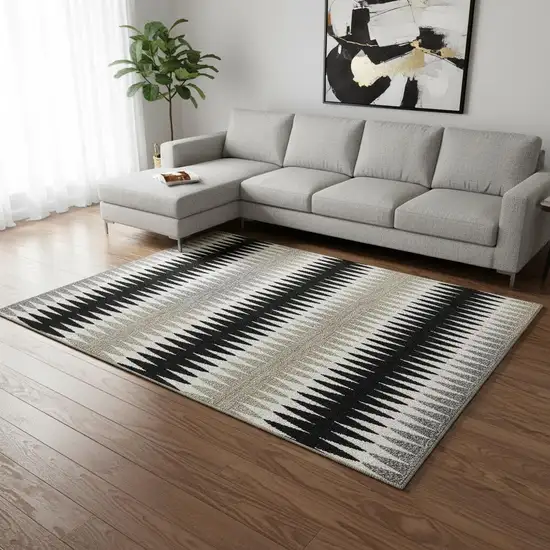 Black Gray And Ivory Striped Washable Area Rug With UV Protection Photo 2