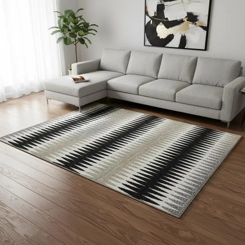 Black Gray And Ivory Striped Washable Area Rug With UV Protection Photo 2