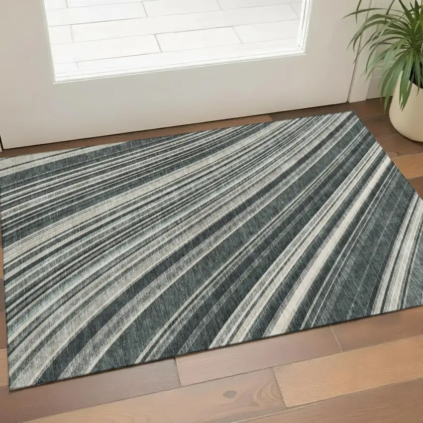 Black Gray And Ivory Striped Washable Area Rug With UV Protection Photo 1