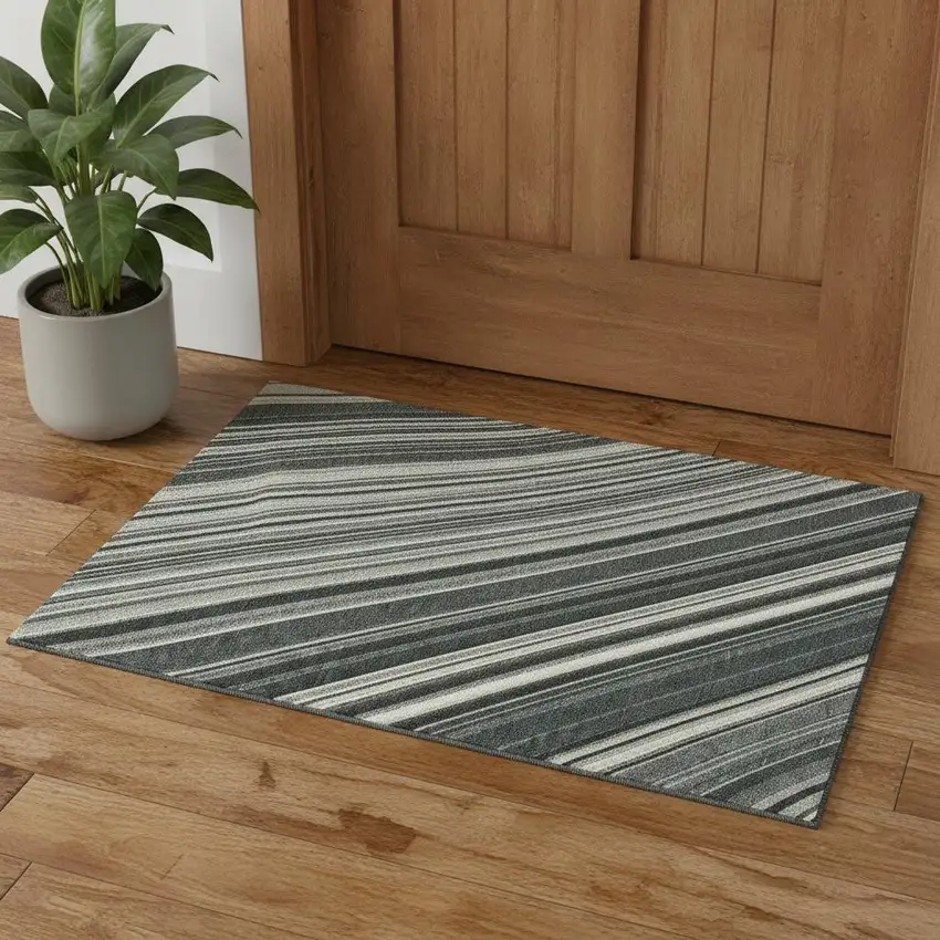 Black Gray And Ivory Striped Washable Area Rug With UV Protection Photo 2