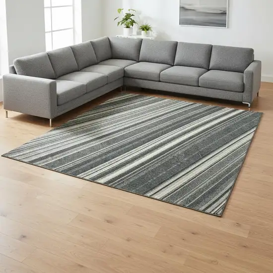 Black Gray And Ivory Striped Washable Area Rug With UV Protection Photo 2