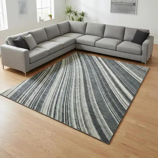 Black Gray And Ivory Striped Washable Area Rug With UV Protection Photo 2