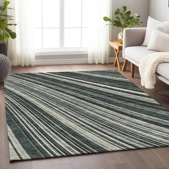 Black Gray And Ivory Striped Washable Area Rug With UV Protection Photo 5