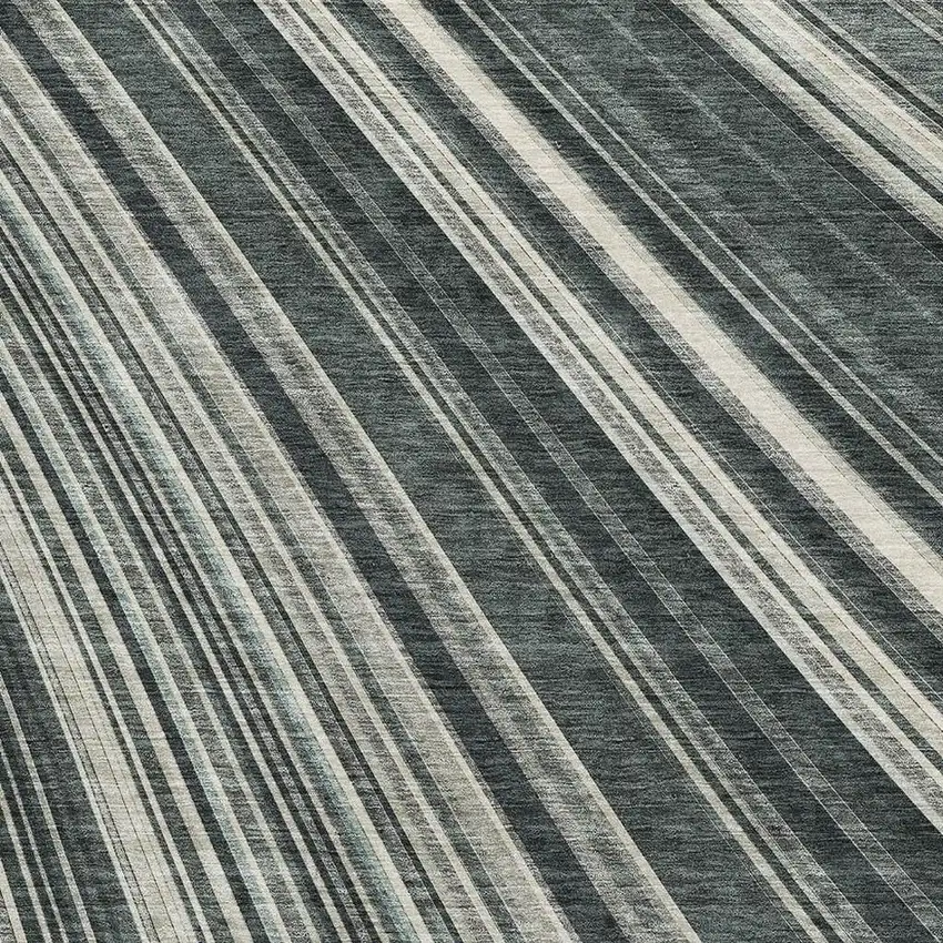 Black Gray And Ivory Striped Washable Area Rug With UV Protection Photo 2