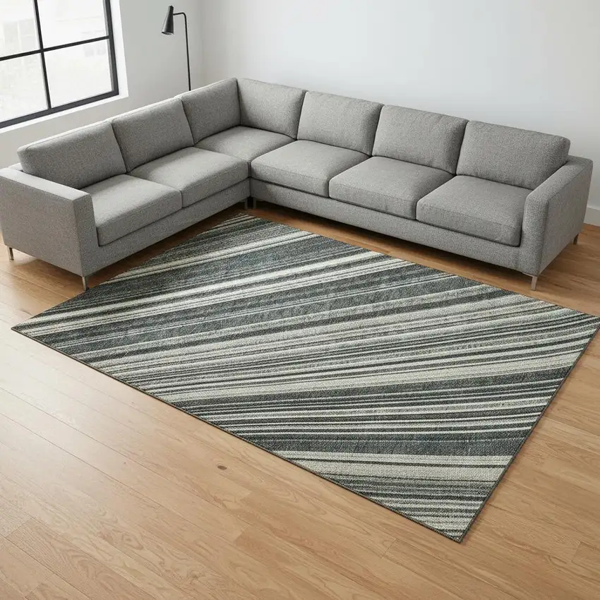 Black Gray And Ivory Striped Washable Area Rug With UV Protection Photo 2