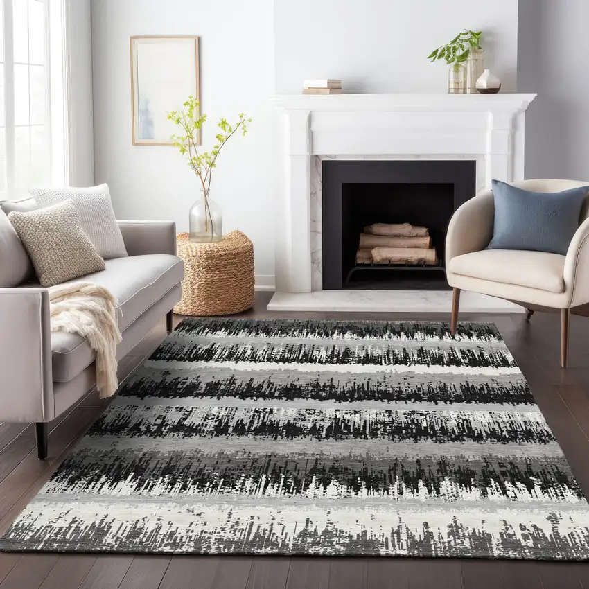 Black Gray And Ivory Striped Washable Indoor Outdoor Area Rug Photo 8