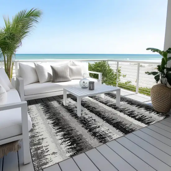 Black Gray And Ivory Striped Washable Indoor Outdoor Area Rug Photo 9