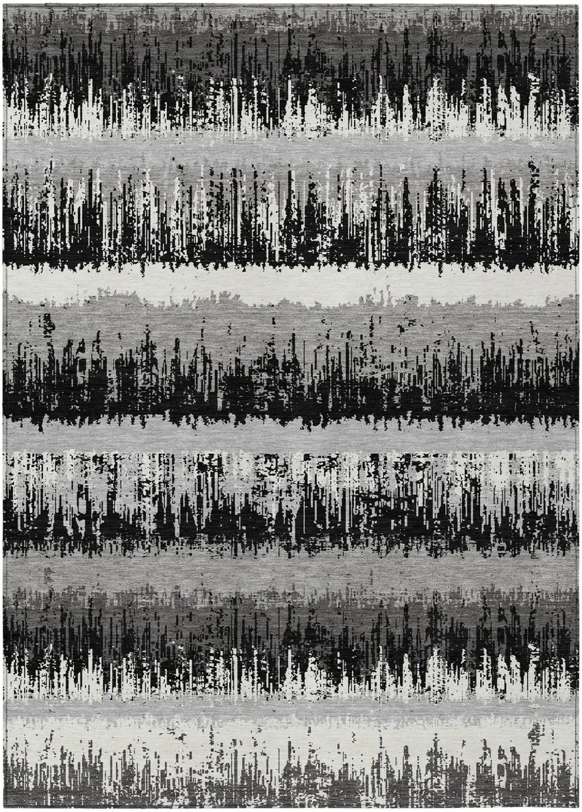 Black Gray And Ivory Striped Washable Indoor Outdoor Area Rug Photo 2