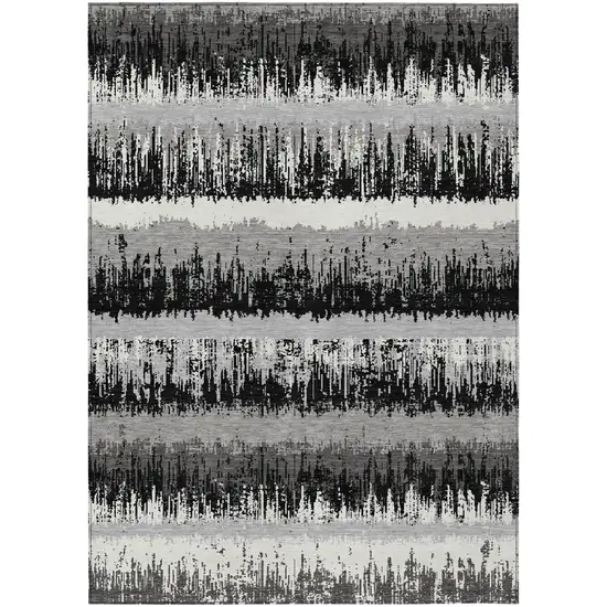 Black Gray And Ivory Striped Washable Indoor Outdoor Area Rug Photo 2