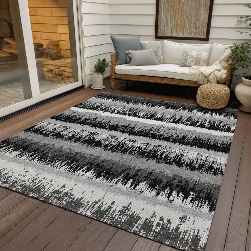 Black Gray And Ivory Striped Washable Indoor Outdoor Area Rug Photo 7