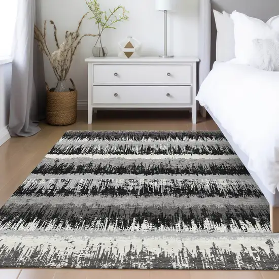 Black Gray And Ivory Striped Washable Indoor Outdoor Area Rug Photo 9